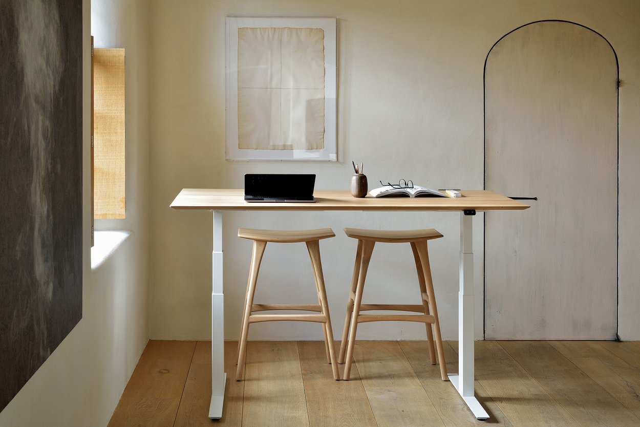 51517 - 59219 Oak Bok adjustable desk - white legs & 53034 Oak Osso bar stool_horizontal