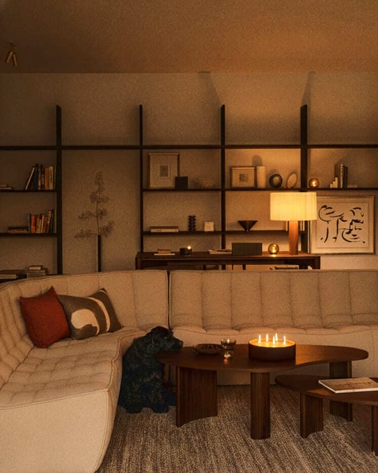 N701_Ecru_Eco_fabric_2 seater_round_corner_3seater_Boomerang_coffee_table_varnished_teak_brown_Nomad_kilim_rug_Ethnicraft-1