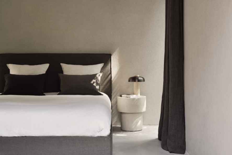 Revive_bed_removable_cover_grey_linen_Elements_side_table_microcement_mushroom_shape_off_white_Ethnicraft