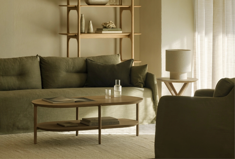 Weave_sofa_lounge_chair_green_fabric_bok_coffee_table_pi_rack_mikado_side_table_Ethnicraft